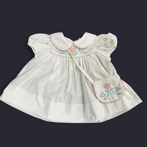 Vintage baby petit jouet white embroidered dress with matching attached purse